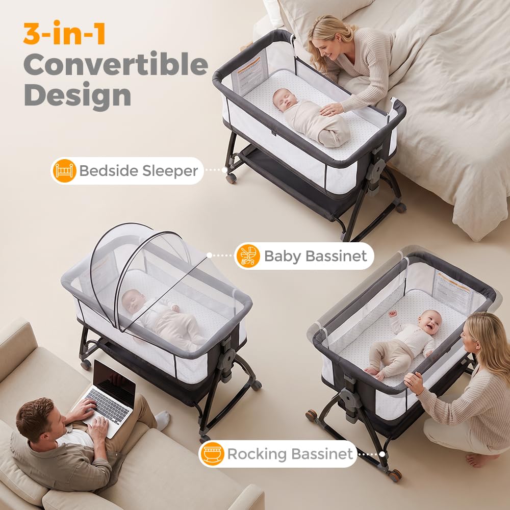 3-in-1 Baby Bassinet and Bedside Sleeper - Black - 6 Height Levels, Rocking Cradle, Mattress Included