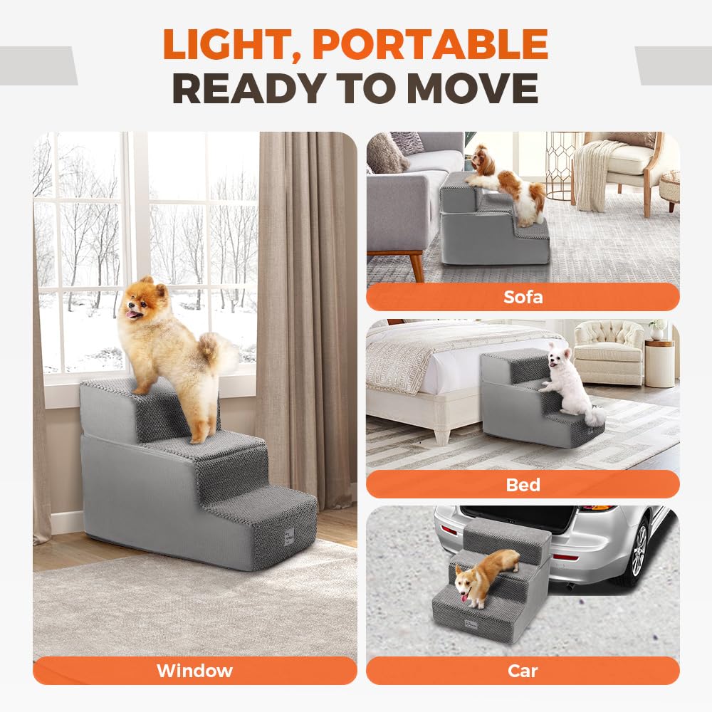 3 Step Dog Stairs 35cm High - Grey - High Density Foam with Support Boards, Non Slip Corduroy Cover