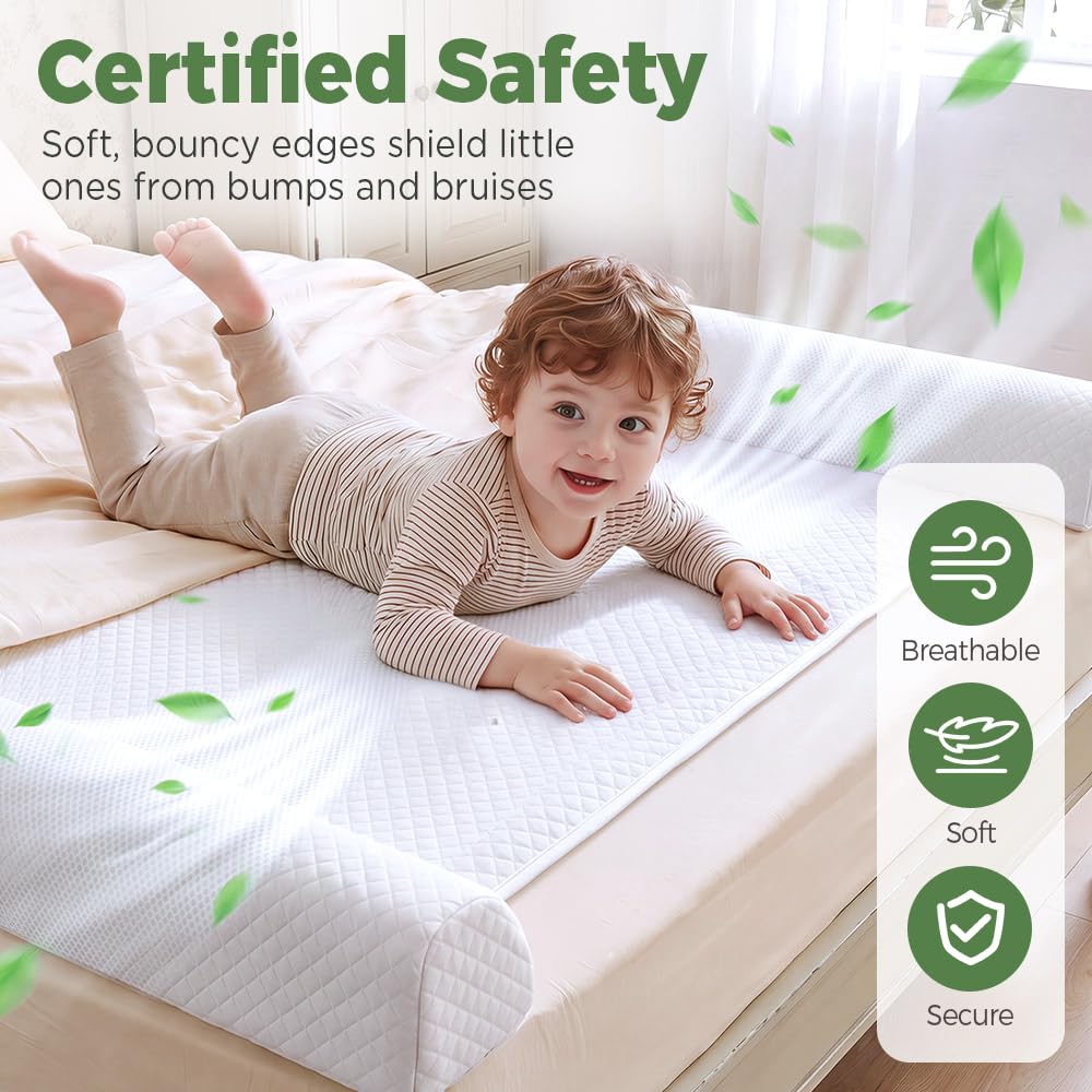 Toddler Bed Bumpers 2-Pack with Handle - White - Memory Foam, Under-Sheet Flap, Water-Resistant