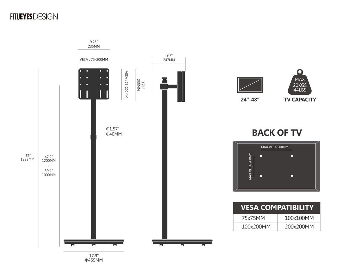Rotating Rolling TV Stand for 24-48 Inch TVs - Black - Landscape to Portrait 90 Degree Turn, 15 Degree Tilt, Brake Knob