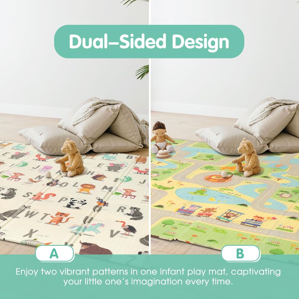 Foldable Baby Play Mat 200 x 180cm - Safari Animals - 1cm XPE Foam, Reversible, Travel Bag
