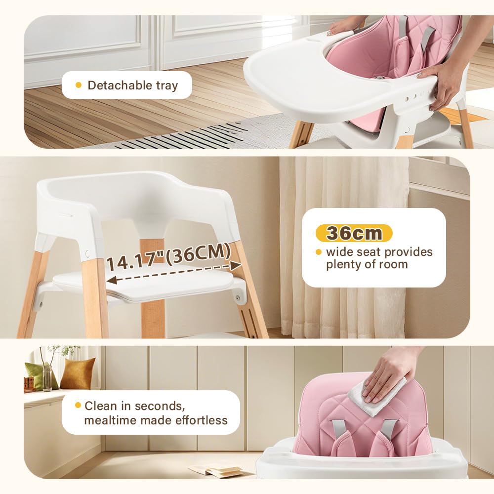 3-in-1 Wooden Baby High Chair - Pink - 5-Point Harness, Food-Grade Tray, 5-Level Footrest
