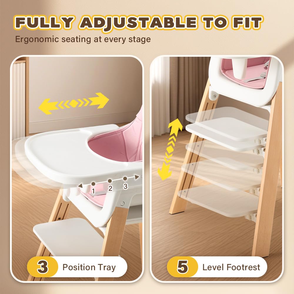 3-in-1 Wooden Baby High Chair - Pink - 5-Point Harness, Food-Grade Tray, 5-Level Footrest