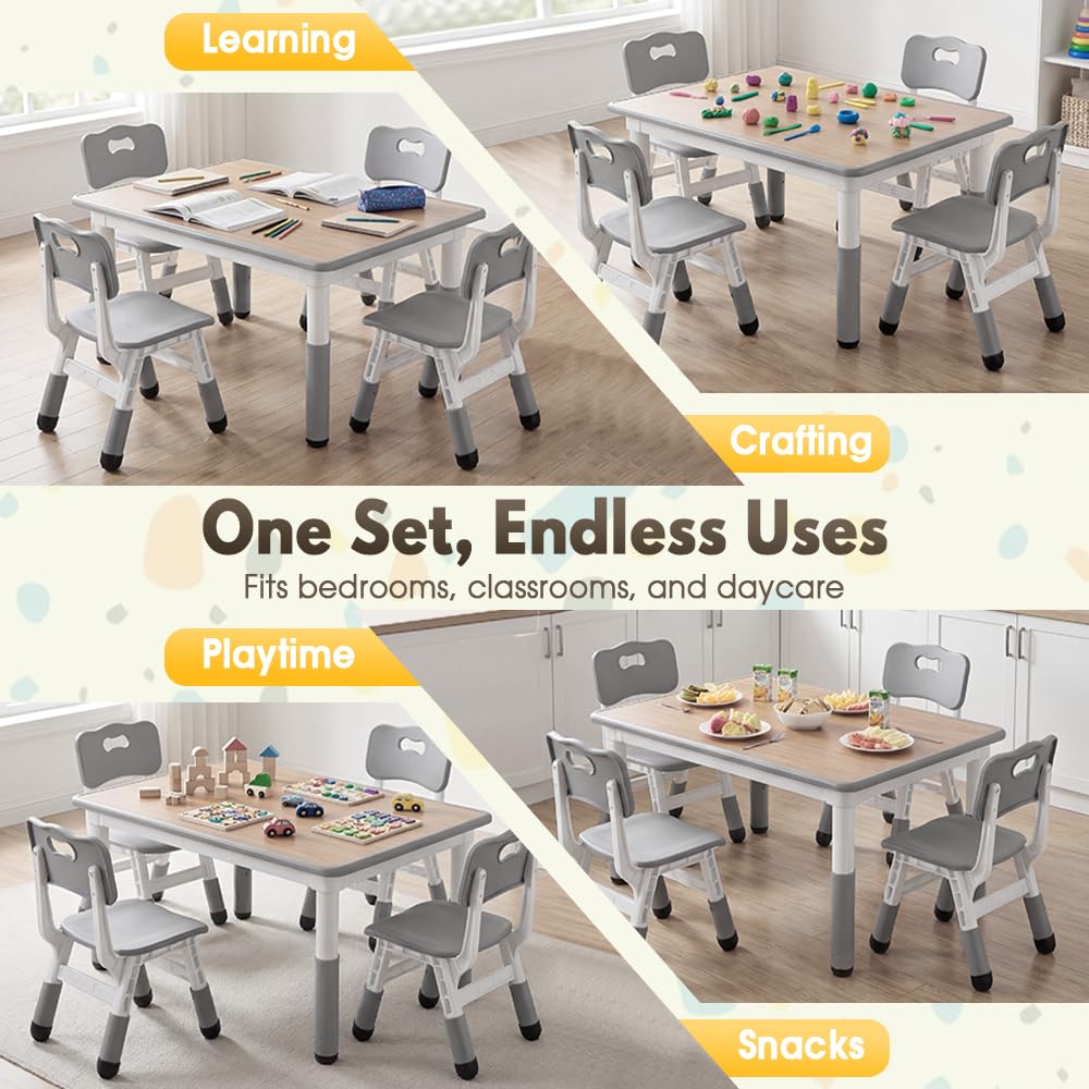 Kids Table and Chair Set with 4 Chairs - Grey 120 x 60cm - 7-Level Height Adjust, Wipe-Clean Top