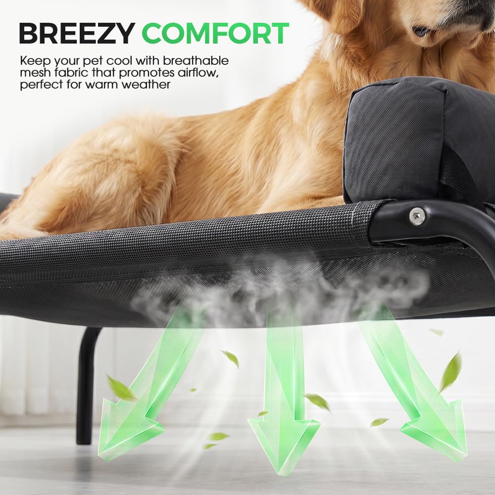 Cooling Elevated Dog Bed with Bolster - Black, Large 107 x 80 x 20cm - Textilene Mesh, Steel Frame, Holds 60kg
