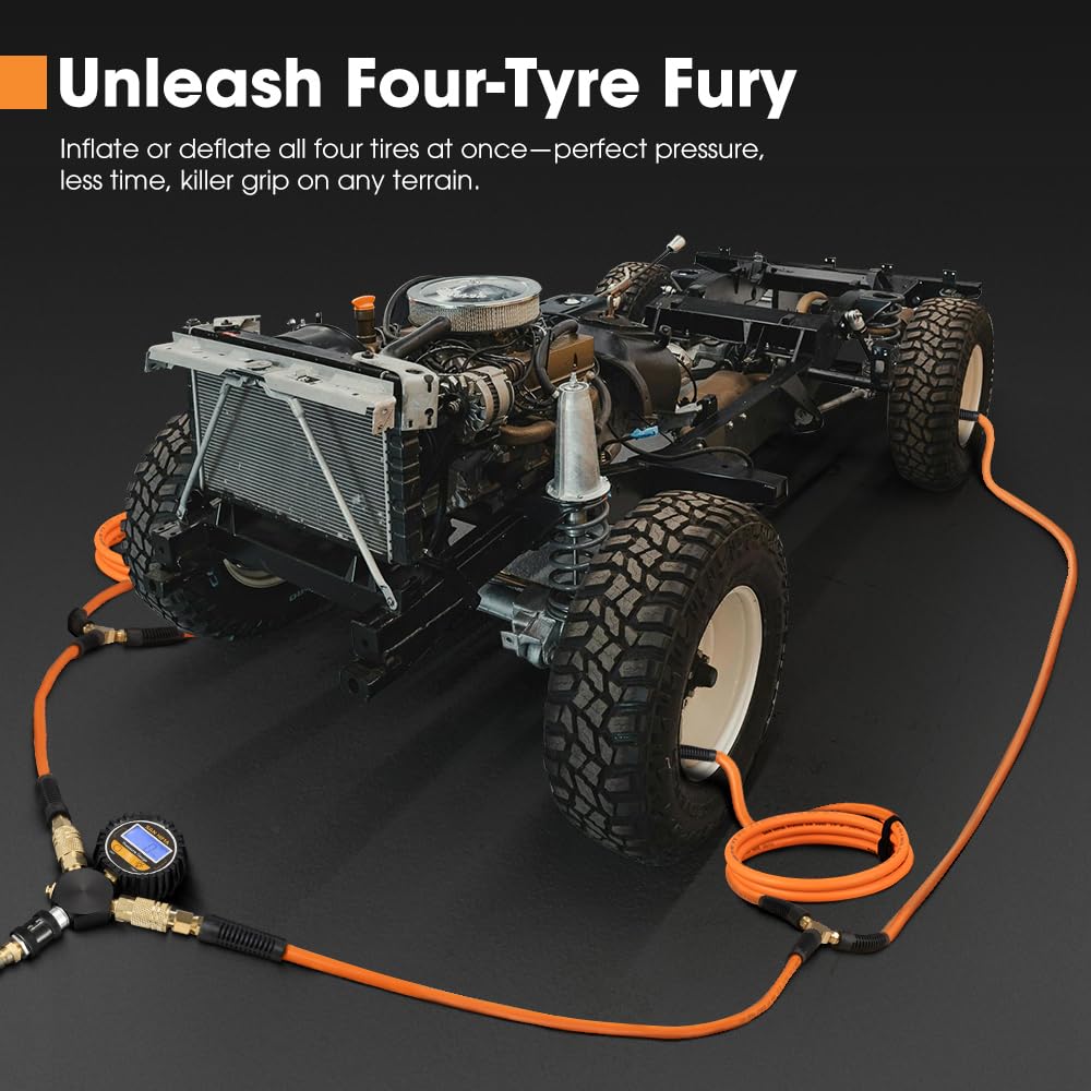 4 Way Digital Tyre Inflator - 250 PSI - Inflates Four Tyres at Once, Nitto Style Fittings, Heavy Duty Hoses