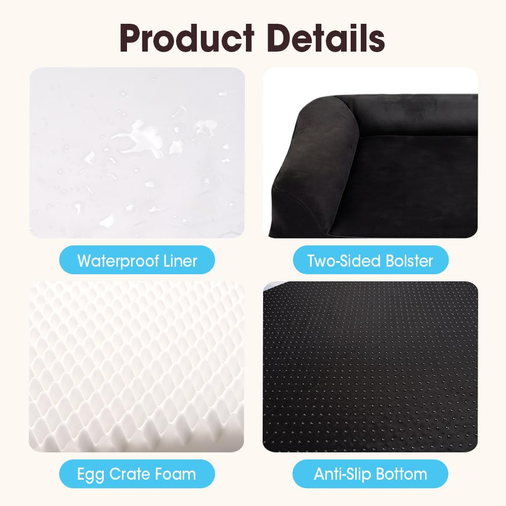 Dog Bed with L Shaped Bolsters - Black, Large 90 x 64 x 15cm - Velvet, Washable Cover, Non Slip Base