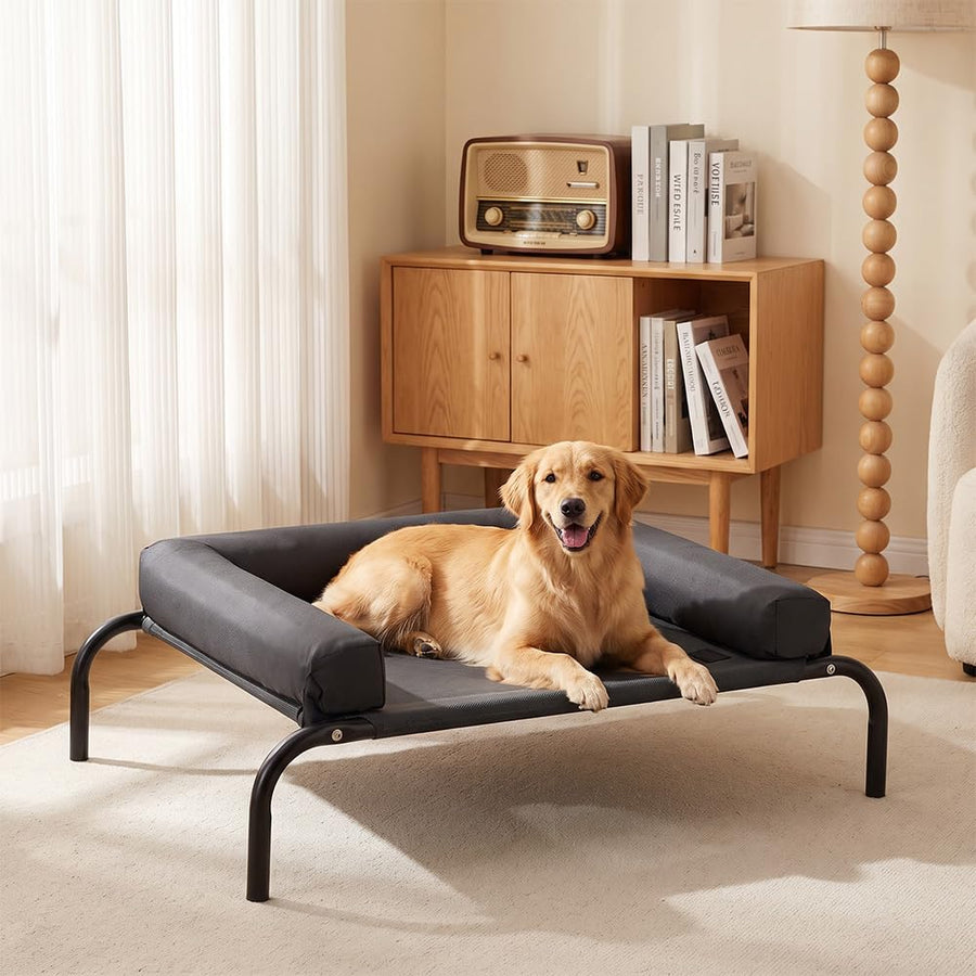 Cooling Elevated Dog Bed with Bolster - Black, Large 107 x 80 x 20cm - Textilene Mesh, Steel Frame, Holds 60kg