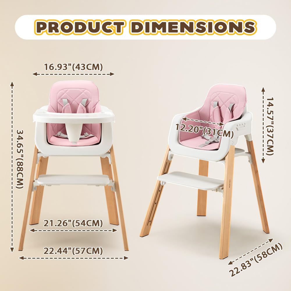 3-in-1 Wooden Baby High Chair - Pink - 5-Point Harness, Food-Grade Tray, 5-Level Footrest