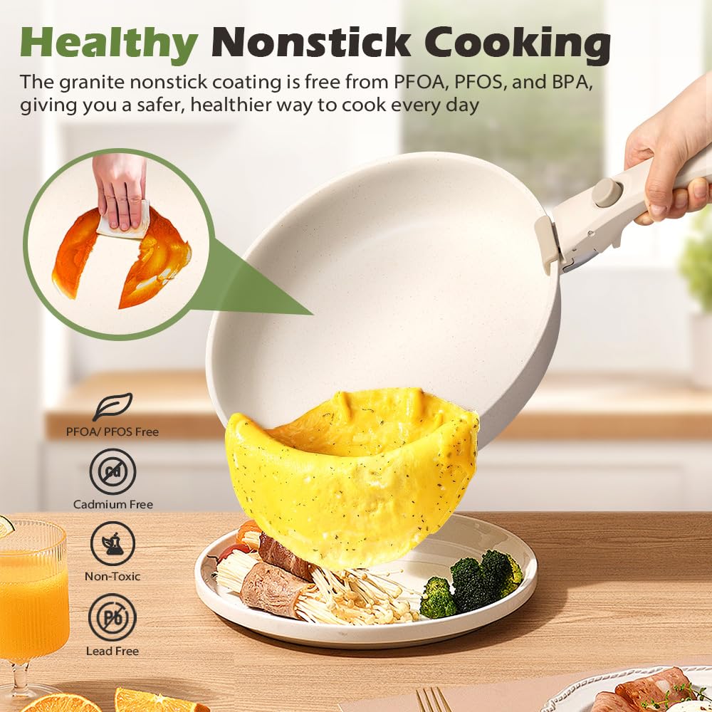 Detachable Handle Cookware Set 20 Piece - White - Nonstick Granite Coating, PFOA and PFOS Free, Induction Ready