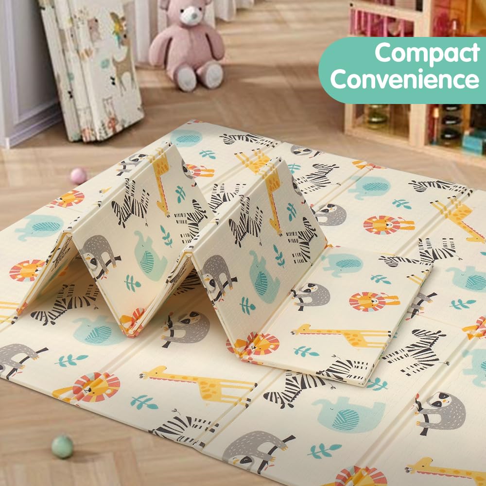 Foldable Baby Play Mat 200 x 180cm - Zoo Animals - 1cm XPE Foam, Reversible, Travel Bag