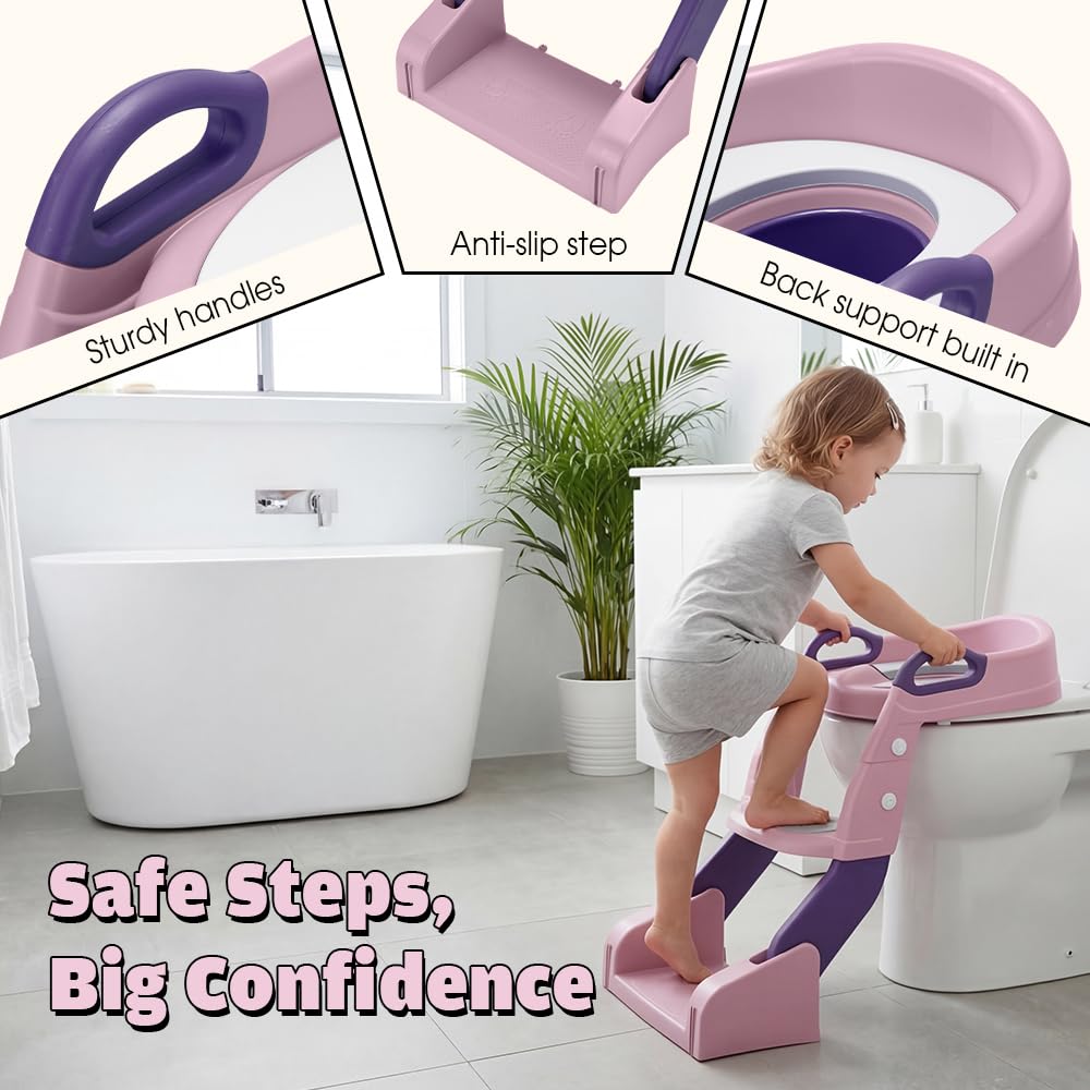 2-in-1 Potty Training Seat with Step Stool Ladder - Pink - Splash Guard, Soft PU Cushion, Non-Slip
