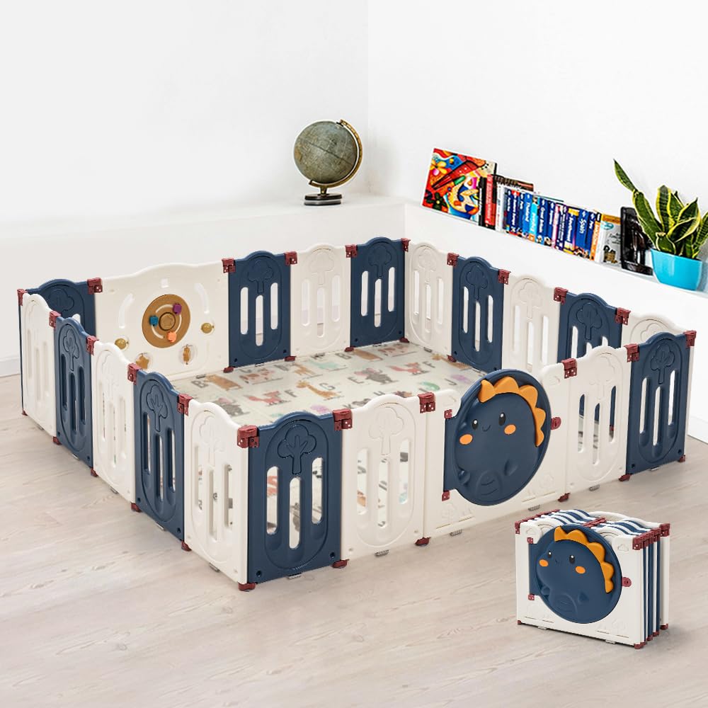 Baby Playpen 20 Panels - Blue 236 x 190 x 60cm - Foldable HDPE, Suction Pads, Interlocking Joints
