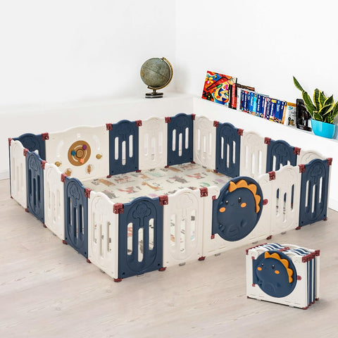 Baby Playpen 20 Panels - Blue 236 x 190 x 60cm - Foldable HDPE, Suction Pads, Interlocking Joints