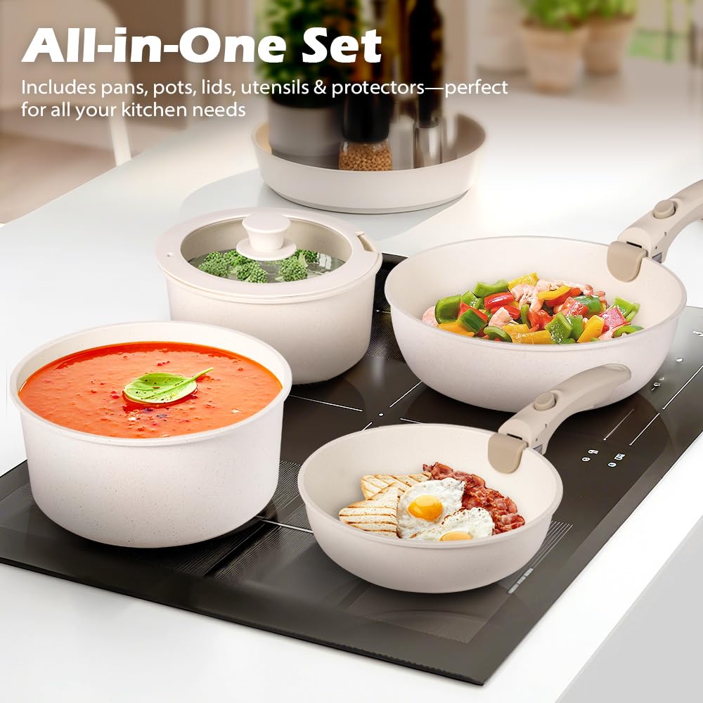 Detachable Handle Cookware Set 20 Piece - White - Nonstick Granite Coating, PFOA and PFOS Free, Induction Ready
