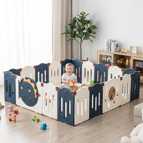 Baby Playpen 16 Panels - Blue 191 x 158 x 60cm - Foldable HDPE, Suction Pads, Interlocking Joints