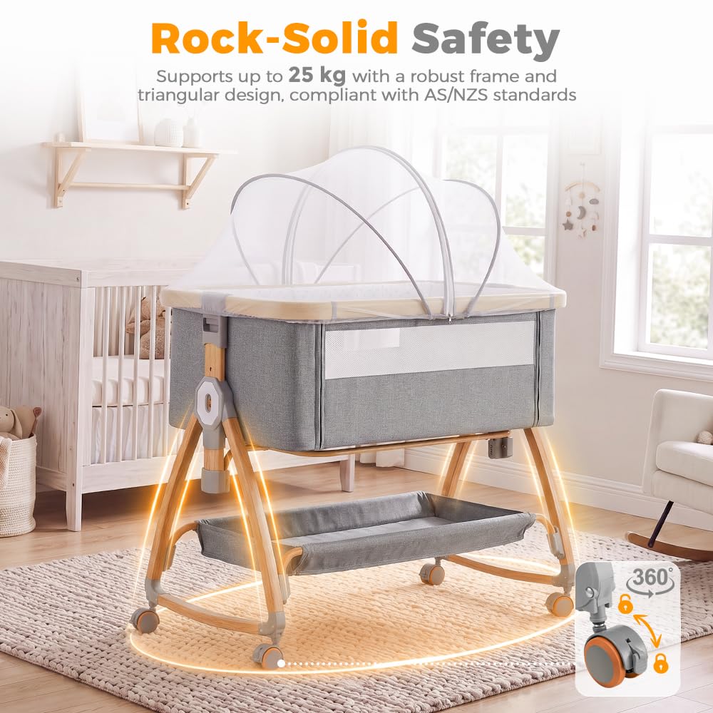 3-in-1 Baby Bassinet and Bedside Sleeper - Grey - 6 Height Levels, Rocking Cradle, Mattress Included