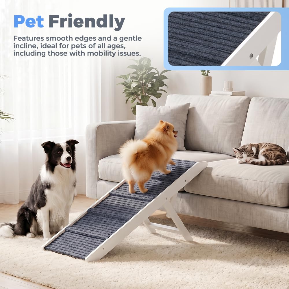 Adjustable Dog Ramp for Bed - White, 90cm Long - Three Heights 33, 39 and 45cm, Holds 60kg, Non Slip Carpet