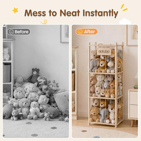 Soft Toy Storage Tower 3-Tier - Natural Wood 136cm - Holds 50+ Plush Toys, Elastic Bar Shelves
