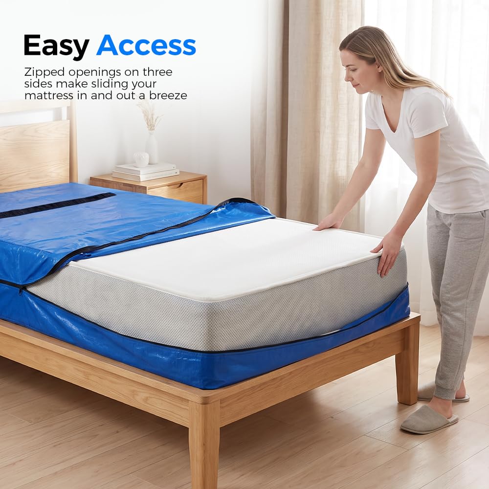 Mattress Bag for Moving and Storage - Single - 120gsm PE Tarp, 8 Heavy Duty Handles, Zip on Three Sides, Water Resistant