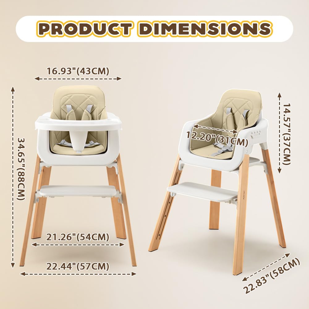 3-in-1 Wooden Baby High Chair - Khaki - 5-Point Harness, Food-Grade Tray, 5-Level Footrest