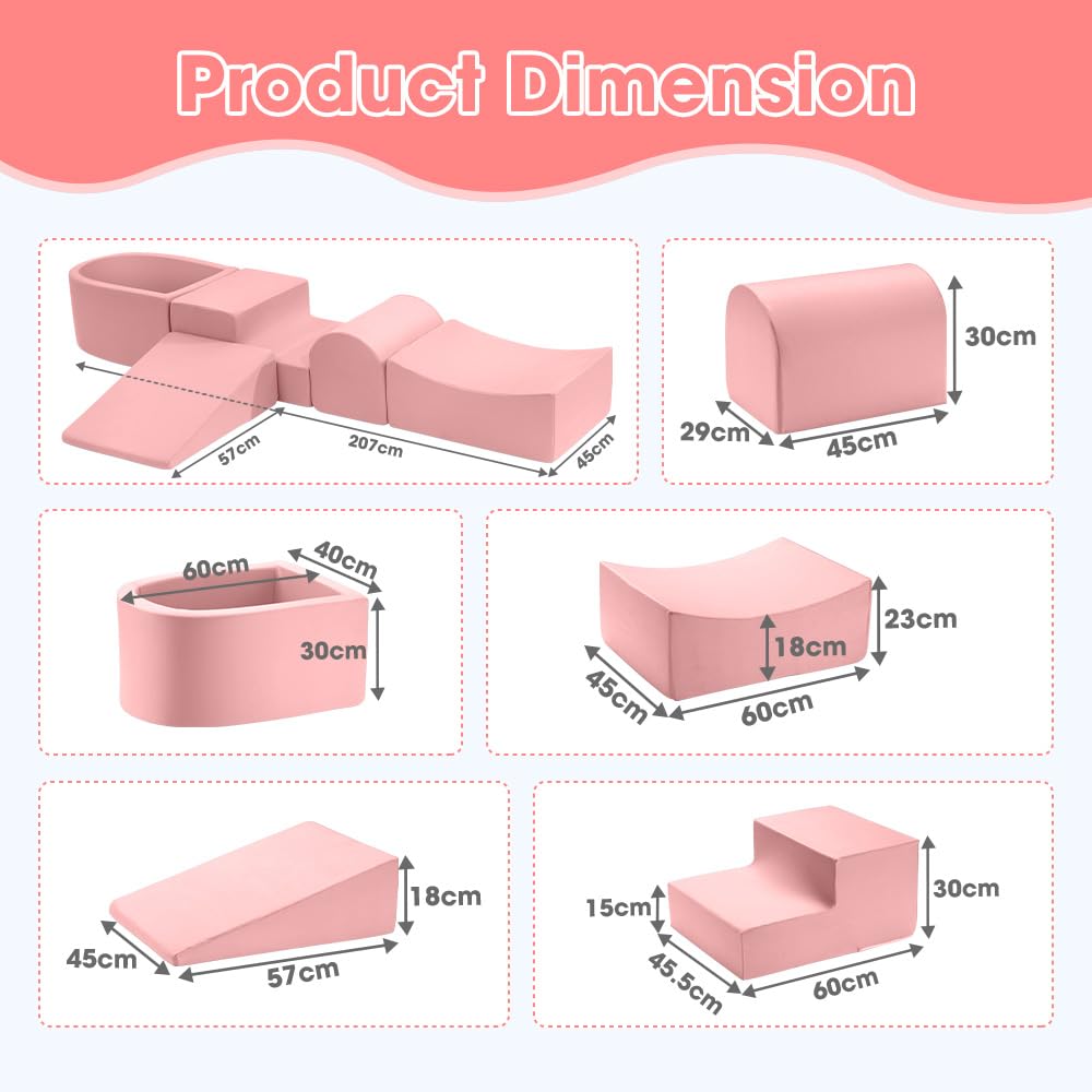 Soft Play Climb Set 5 Piece - Pink - Crawl and Climb Foam Blocks, Removable Washable Covers