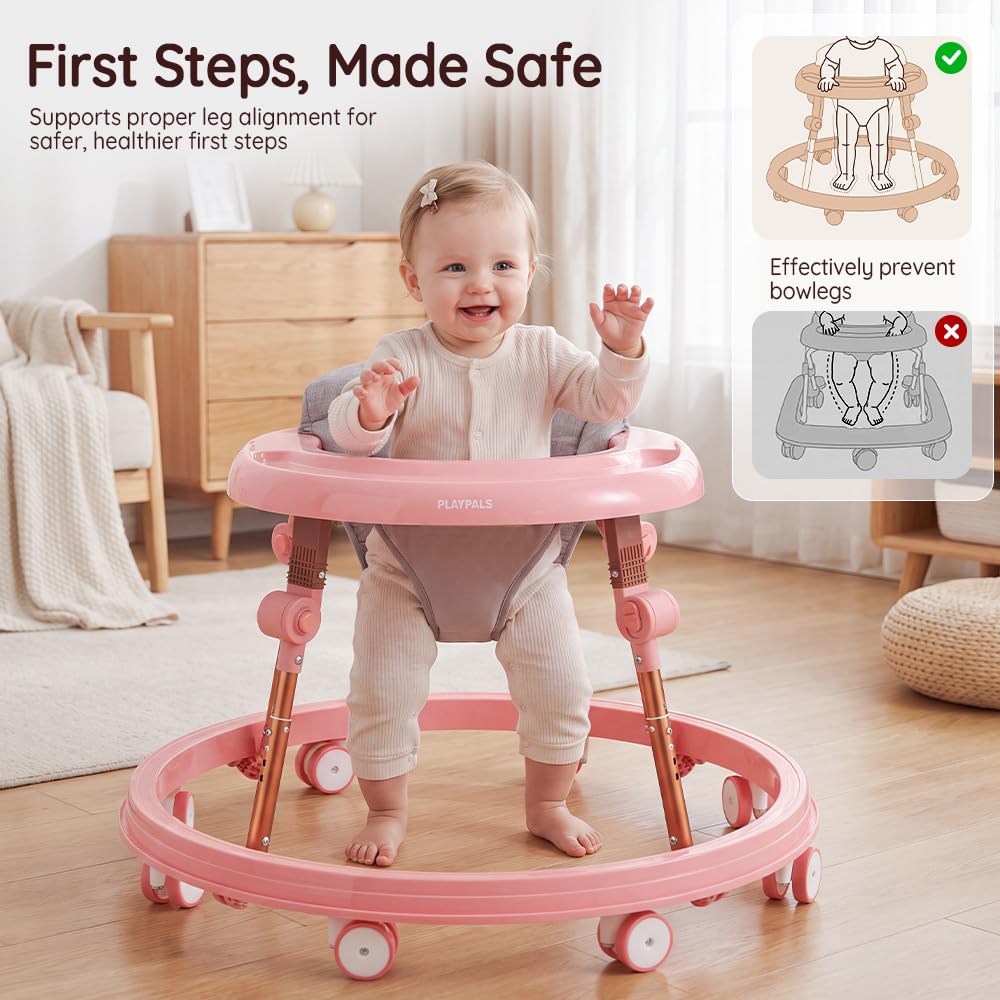 3-in-1 Baby Walker and Activity Table - Pink - 4 Height Positions, Folding Frame, 6-18 Months