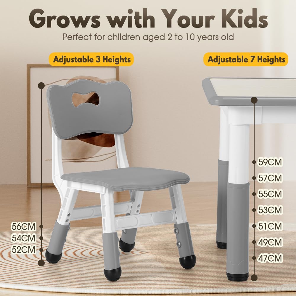 Kids Table and Chair Set with 4 Chairs - Grey 120 x 60cm - 7-Level Height Adjust, Wipe-Clean Top
