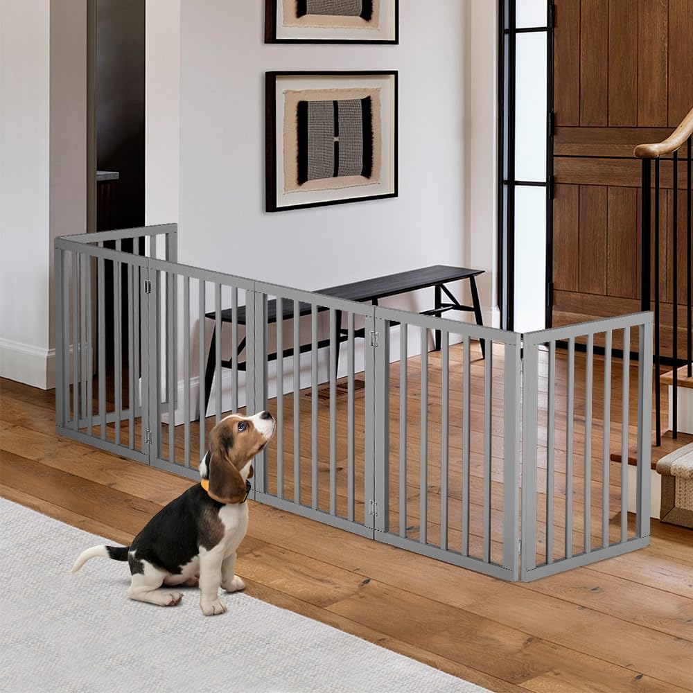 Foldable Dog Gate 6 Panel - Grey, 282 x 61cm - No Drill Freestanding, 180 Degree Hinges, Wooden Panels