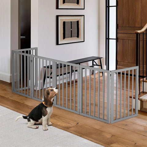 Foldable Dog Gate 6 Panel - Grey, 282 x 61cm - No Drill Freestanding, 180 Degree Hinges, Wooden Panels