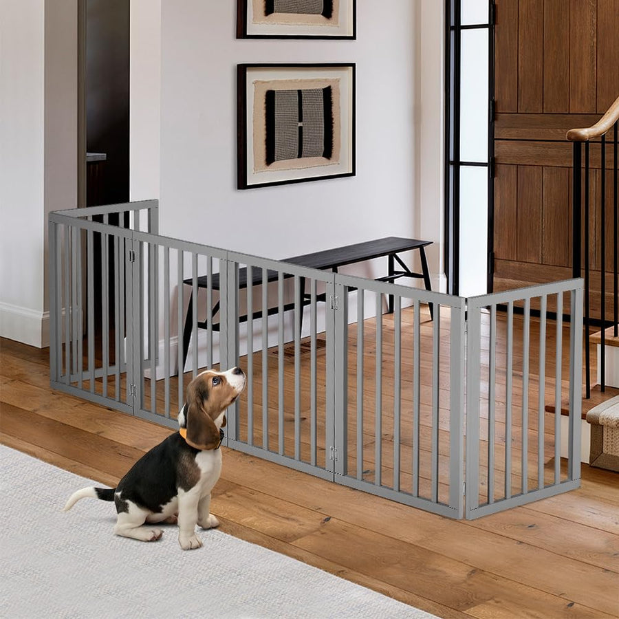 Foldable Dog Gate 6 Panel - Grey, 282 x 61cm - No Drill Freestanding, 180 Degree Hinges, Wooden Panels