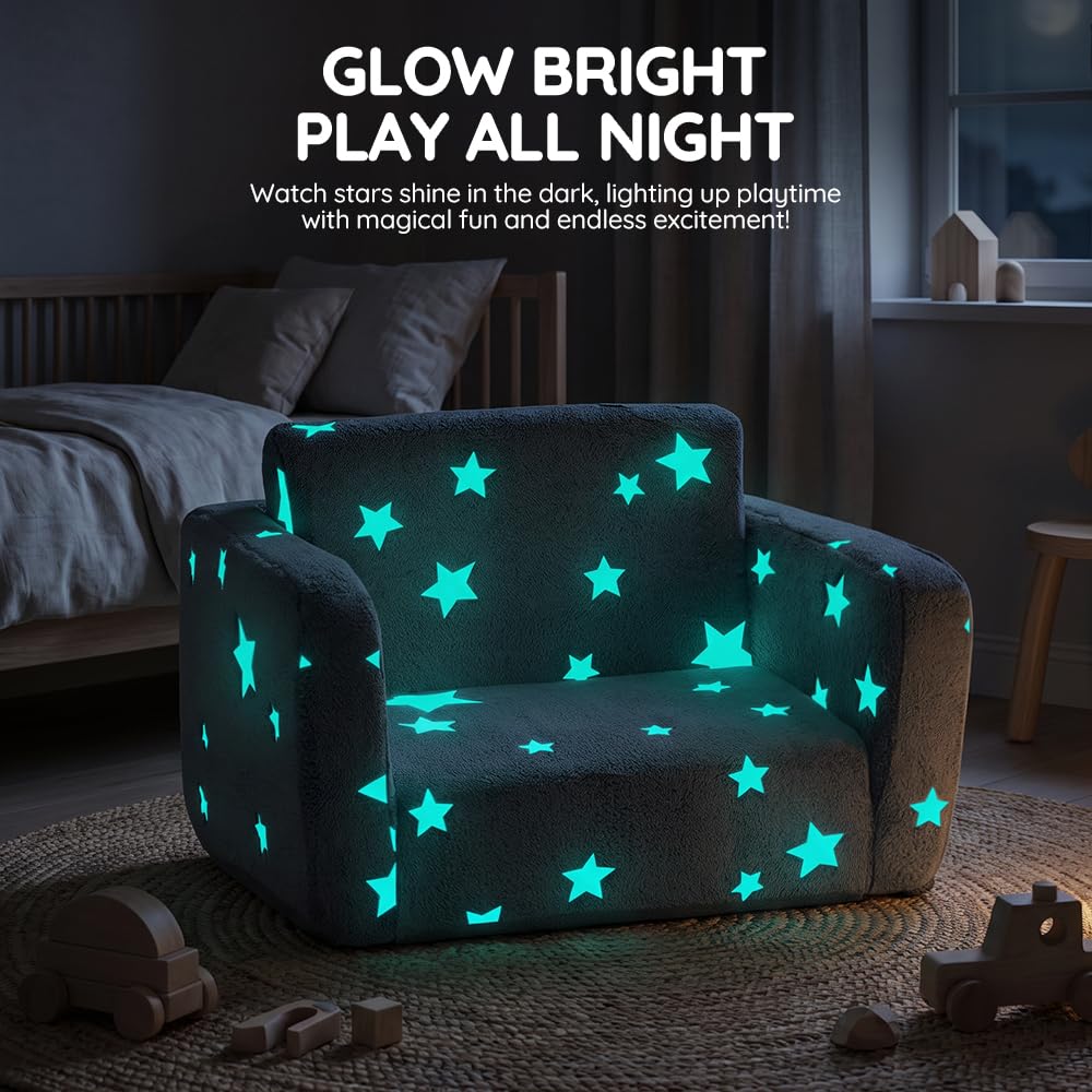 Kids Fold-Out Sofa Bed 2-in-1 - Grey Star Print - Glow-in-the-Dark, Zip-Off Washable Cover