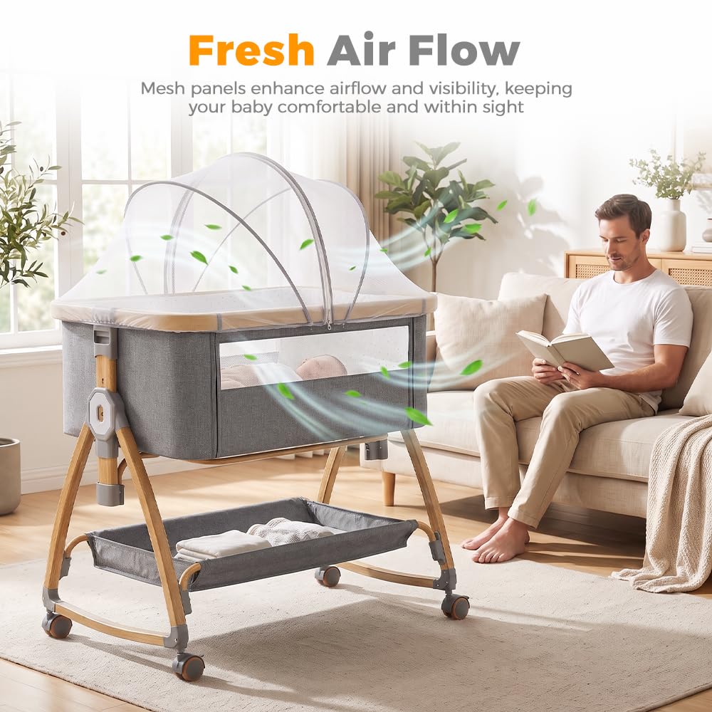 3-in-1 Baby Bassinet and Bedside Sleeper - Grey - 6 Height Levels, Rocking Cradle, Mattress Included