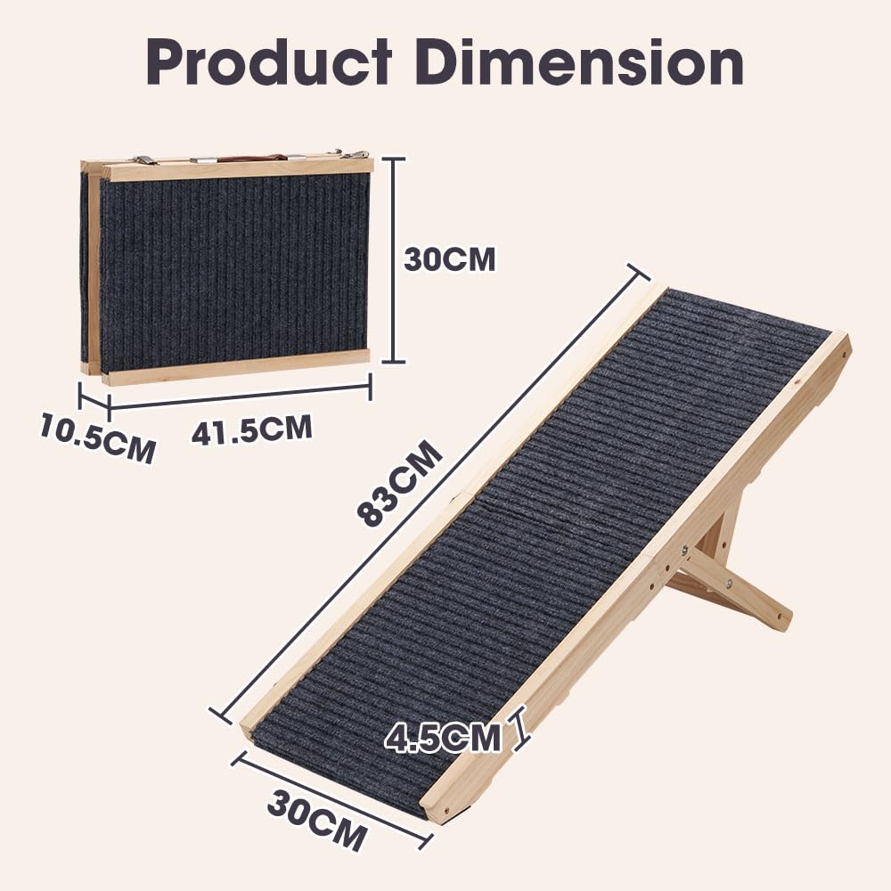 Folding Wooden Dog Ramp - Pine, Adjusts 22 to 45.5cm - Self Supporting, Anti Slip Fabric, Folds in Half