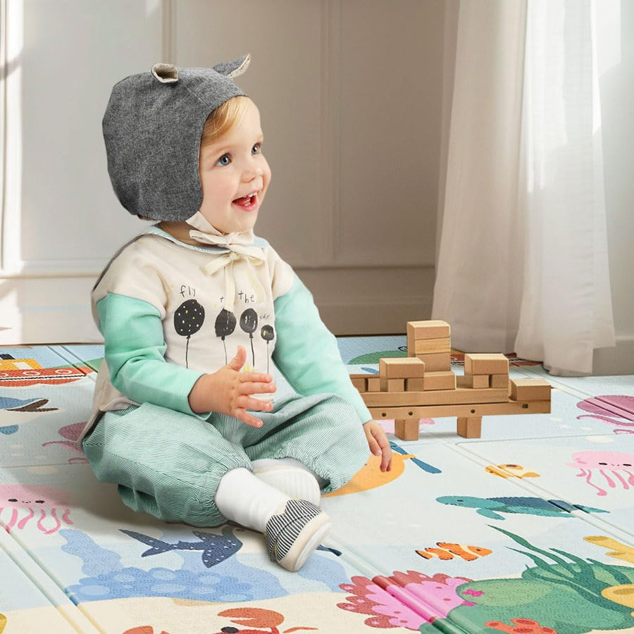 Foldable Baby Play Mat 200 x 180cm - Submarine World - 1cm XPE Foam, Reversible, Travel Bag