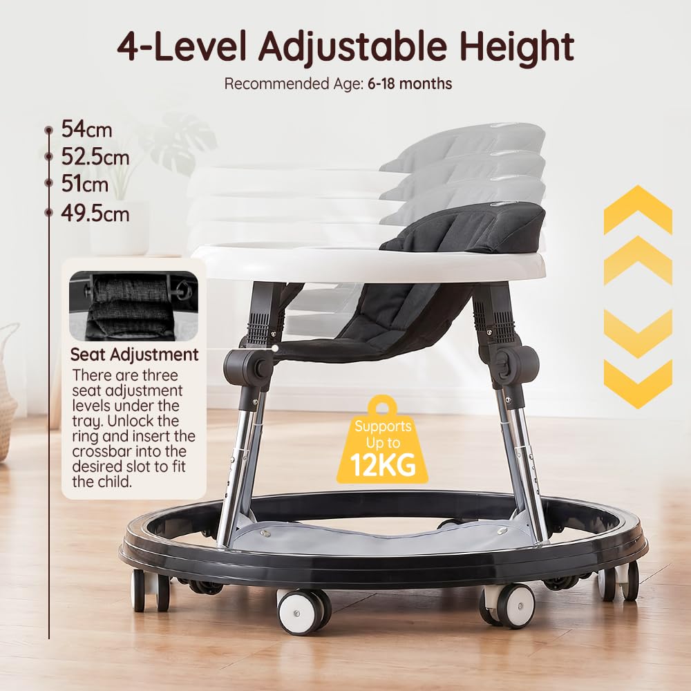 3-in-1 Baby Walker and Activity Table - Black - 4 Height Positions, Folding Frame, 6-18 Months