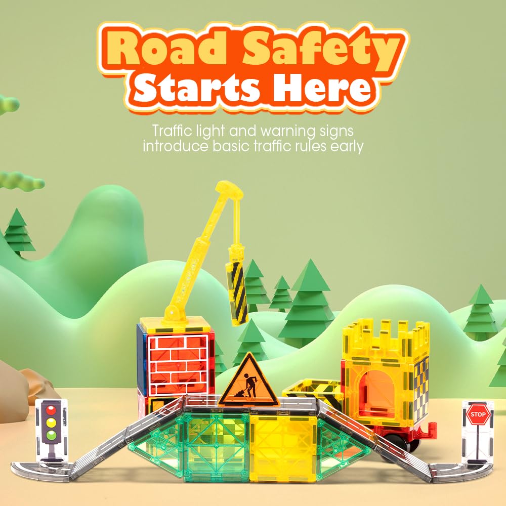 Magnetic Tiles Road Set 40 Piece - Extendable Crane - STEM Building Blocks, Storage Bag, Age 3+