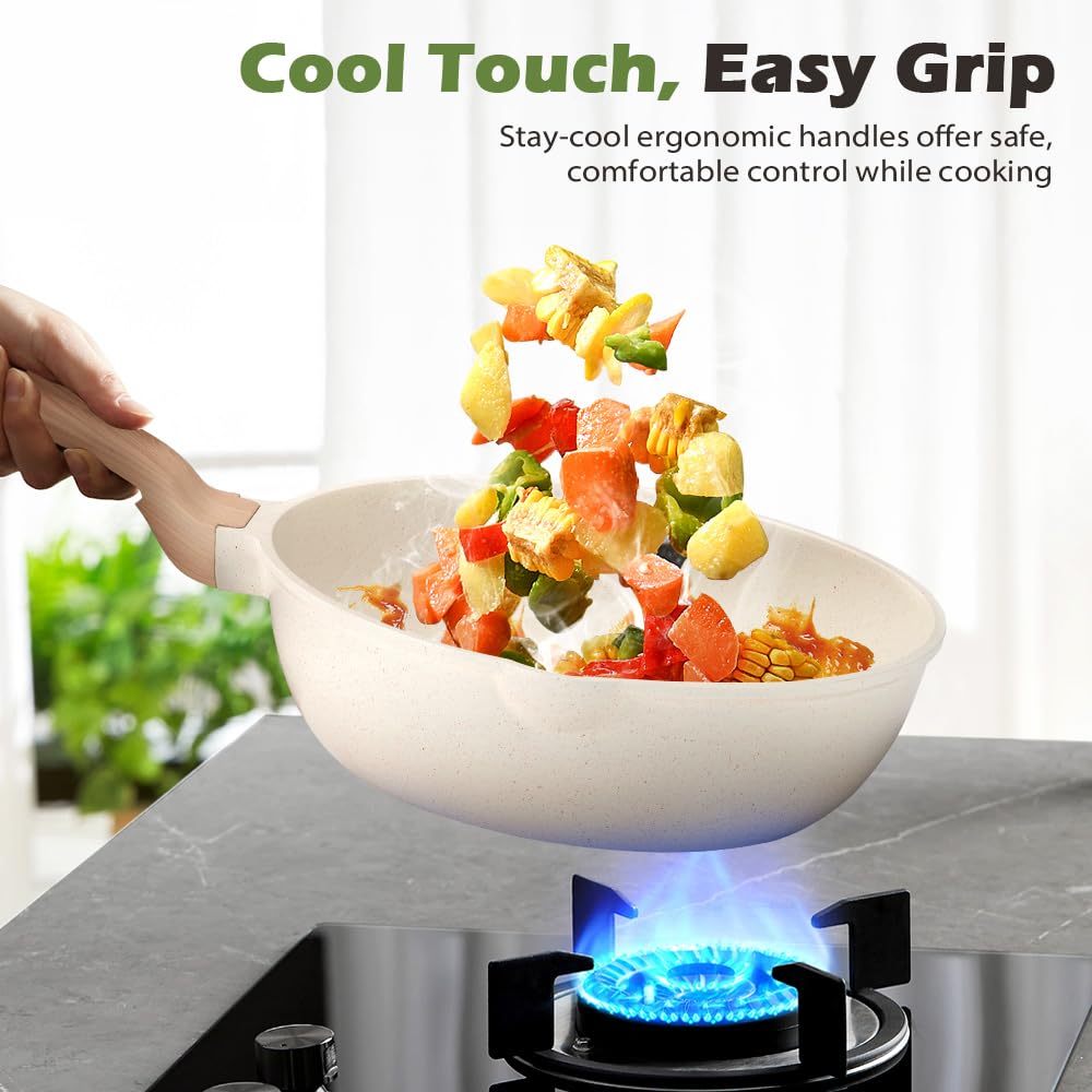Classic Cookware Set 13 Piece - White - Nonstick Granite Coating, Fixed Stay Cool Handles, PFOA and PFOS Free
