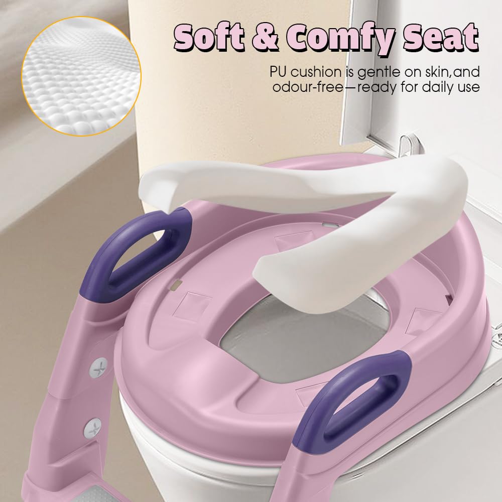 2-in-1 Potty Training Seat with Step Stool Ladder - Pink - Splash Guard, Soft PU Cushion, Non-Slip