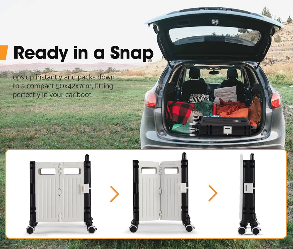 Foldable Camping and Shopping Trolley Cart - Black and White - 70kg Capacity, 360 Degree Locking Wheels, Canopy