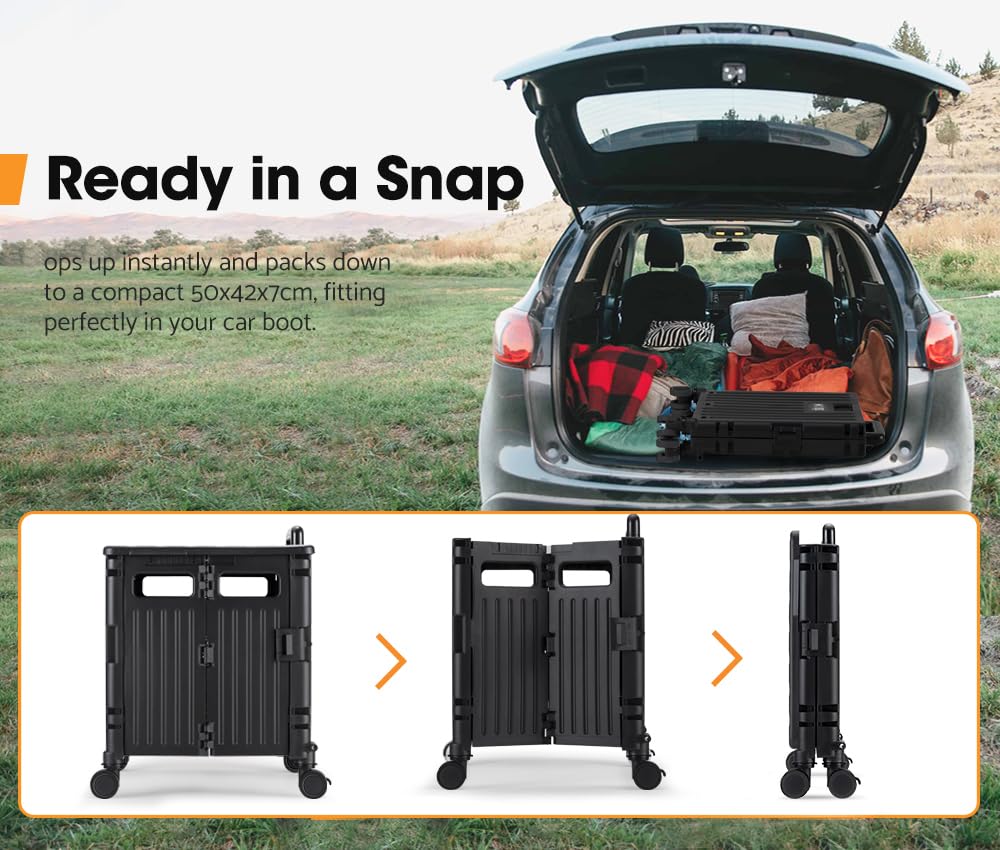 Foldable Camping and Shopping Trolley Cart - Black - 70kg Capacity, 360 Degree Locking Wheels, Telescopic Handle, Canopy