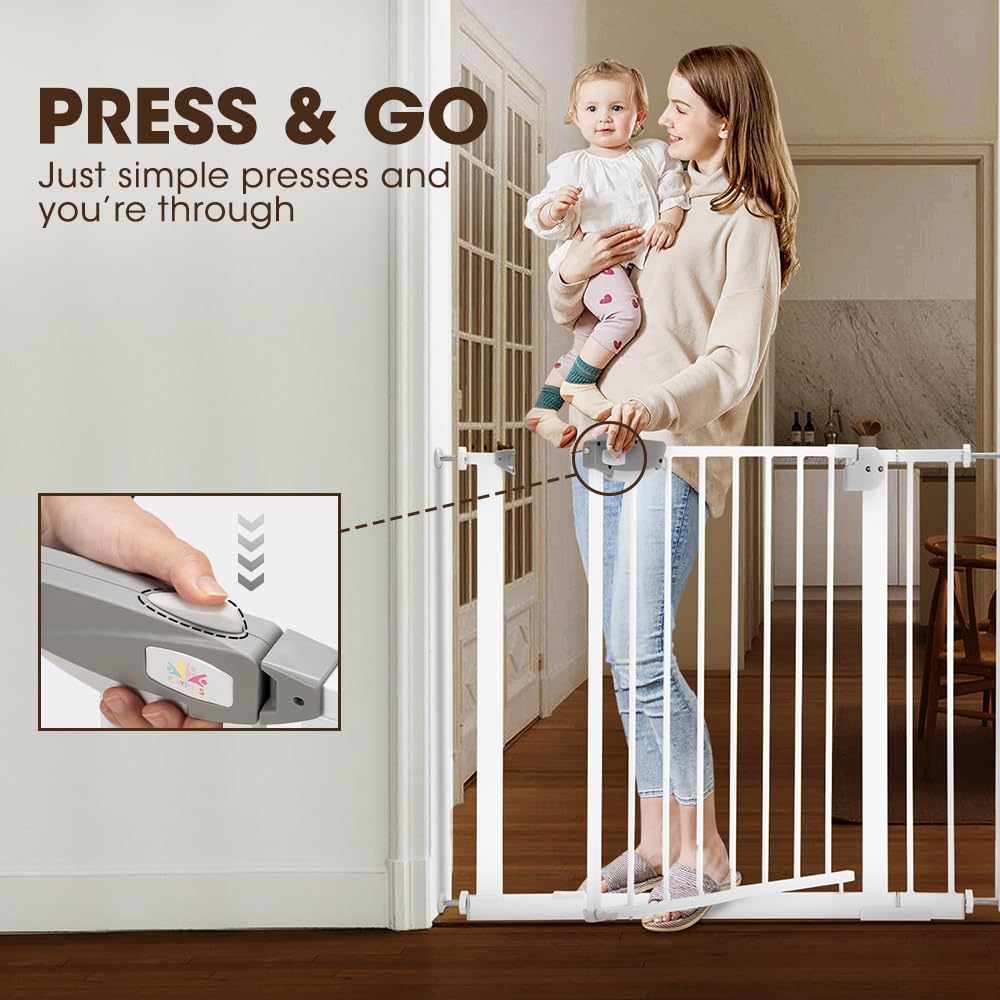 Auto-Close Baby Safety Gate - White 85-94cm - Pressure Fit No Drilling, Triple Lock, Two-Way Swing