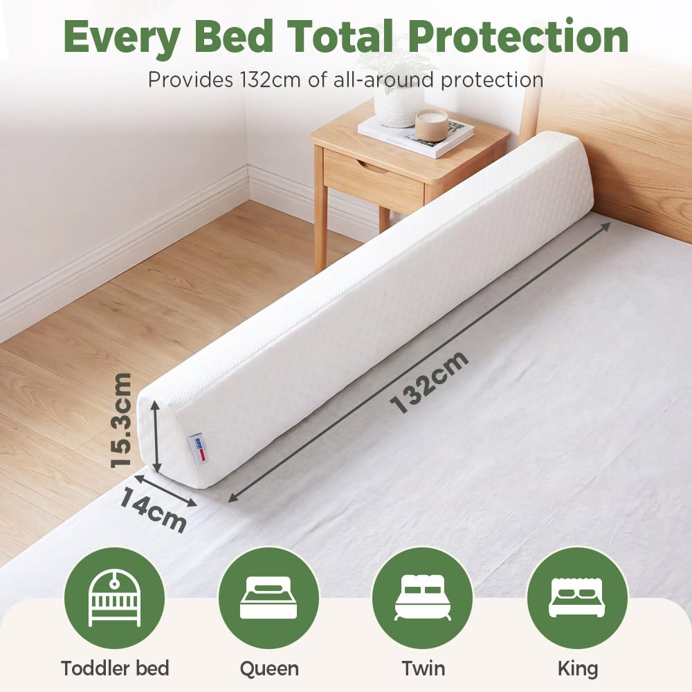 Toddler Bed Bumpers 2-Pack - White 132cm - Memory Foam, Non-Slip Base, Machine Washable Cover