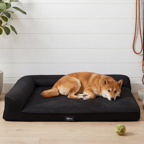Dog Bed with L Shaped Bolsters - Black, Large 90 x 64 x 15cm - Velvet, Washable Cover, Non Slip Base