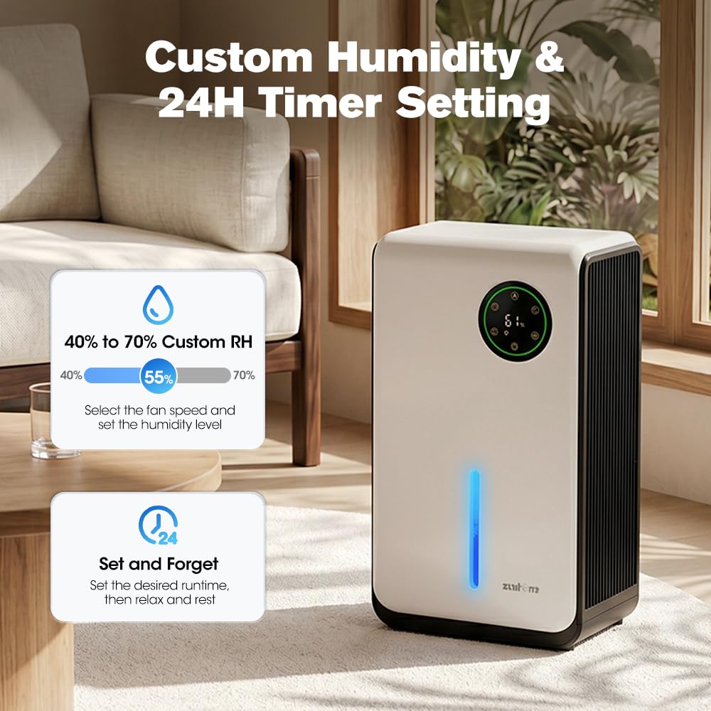 Portable Dehumidifier 2L Tank - White - Removes 500-1000ml a Day, Covers 50sqm, 24 Hour Timer, Auto Shut Off