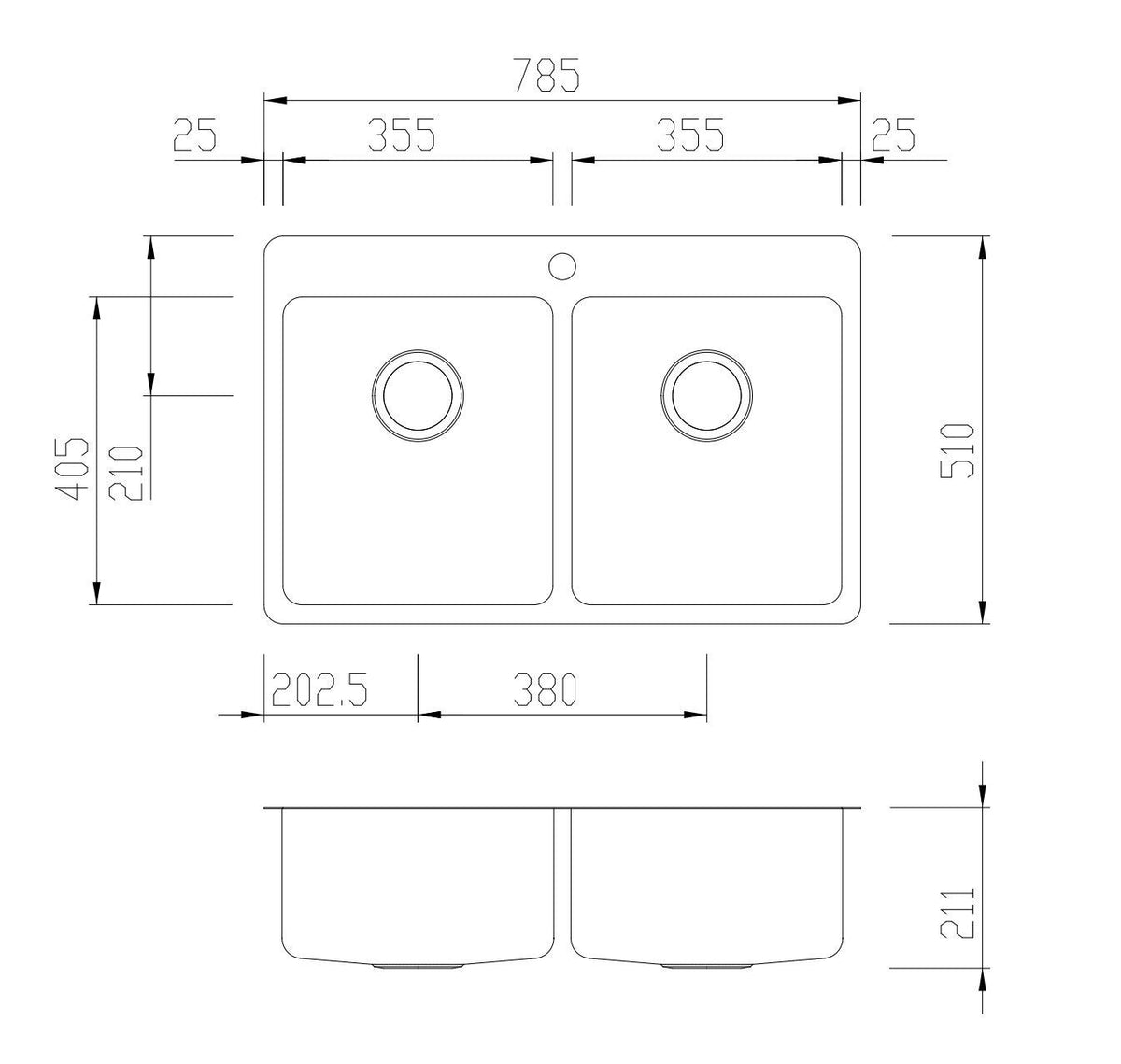 Oliveri Sonetto double bowl topmount sink - brushed 304 stainless steel - Softtone soundproofing - SN1064