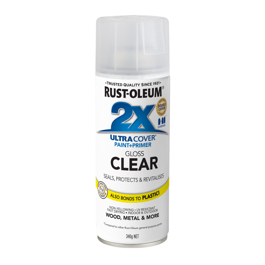 Rust-Oleum 2X Ultra Cover Gloss Clear Spray Paint 340g - Indoor & Outdoor Clear Sealant Coat