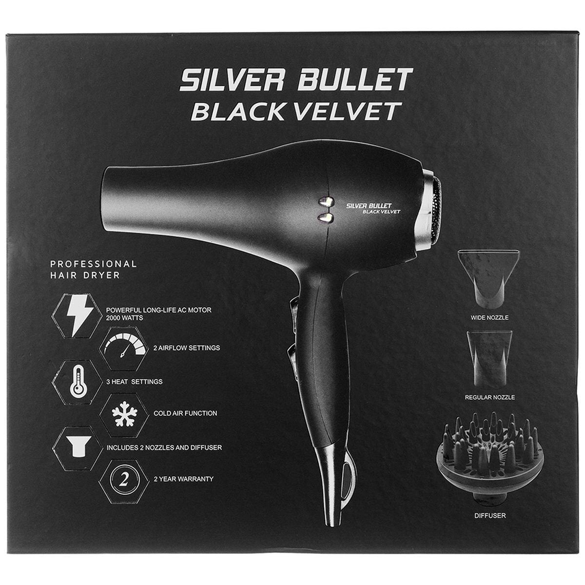 Silver Bullet Black Velvet hair dryer 2000W - long-life motor, three heat settings, diffuser - 900469