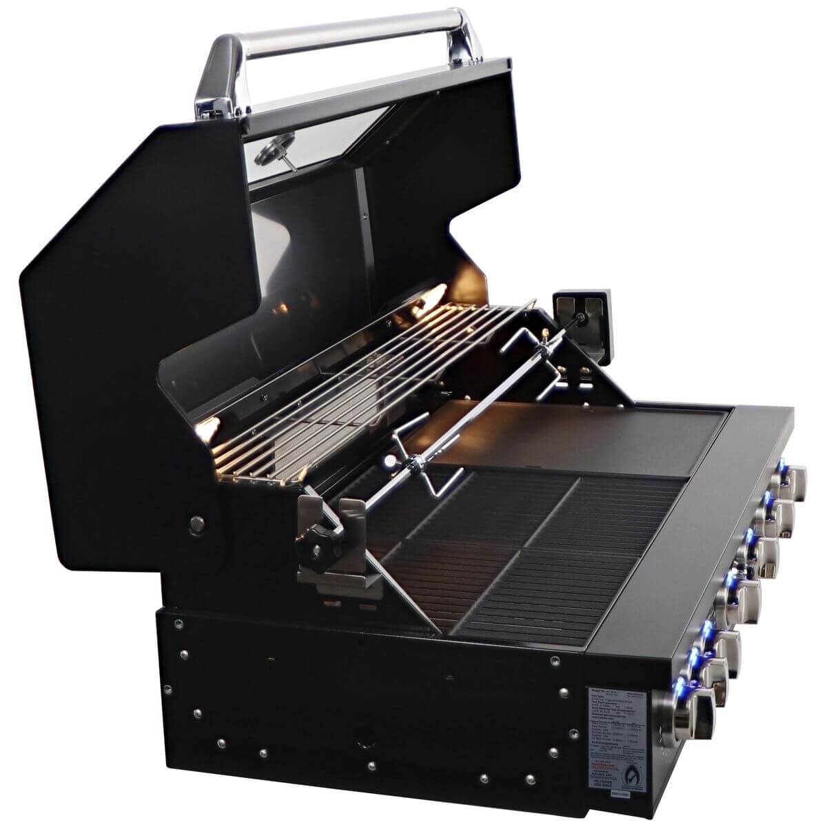 Smart Built-In LPG BBQ - Black, Cast Iron Grill Plates, Motorised Rotisserie Kit - 601W-BK