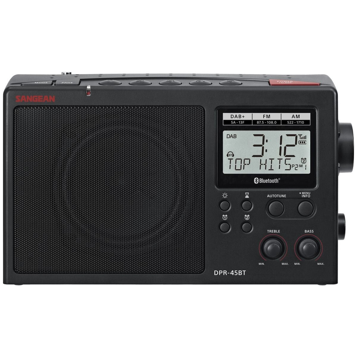 Sangean DAB+ AM/FM-RDS Bluetooth Digital Radio - 60 Presets, Large LCD, Dual Alarms, Black - DPR45BT